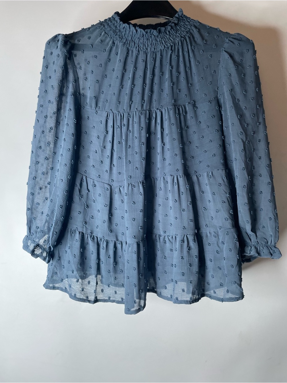 Monteau Dusty Stone Blue Swiss Dot Smocked Neck Blouse Size LG